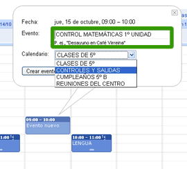 Nuevo evento y asignación a su calendario